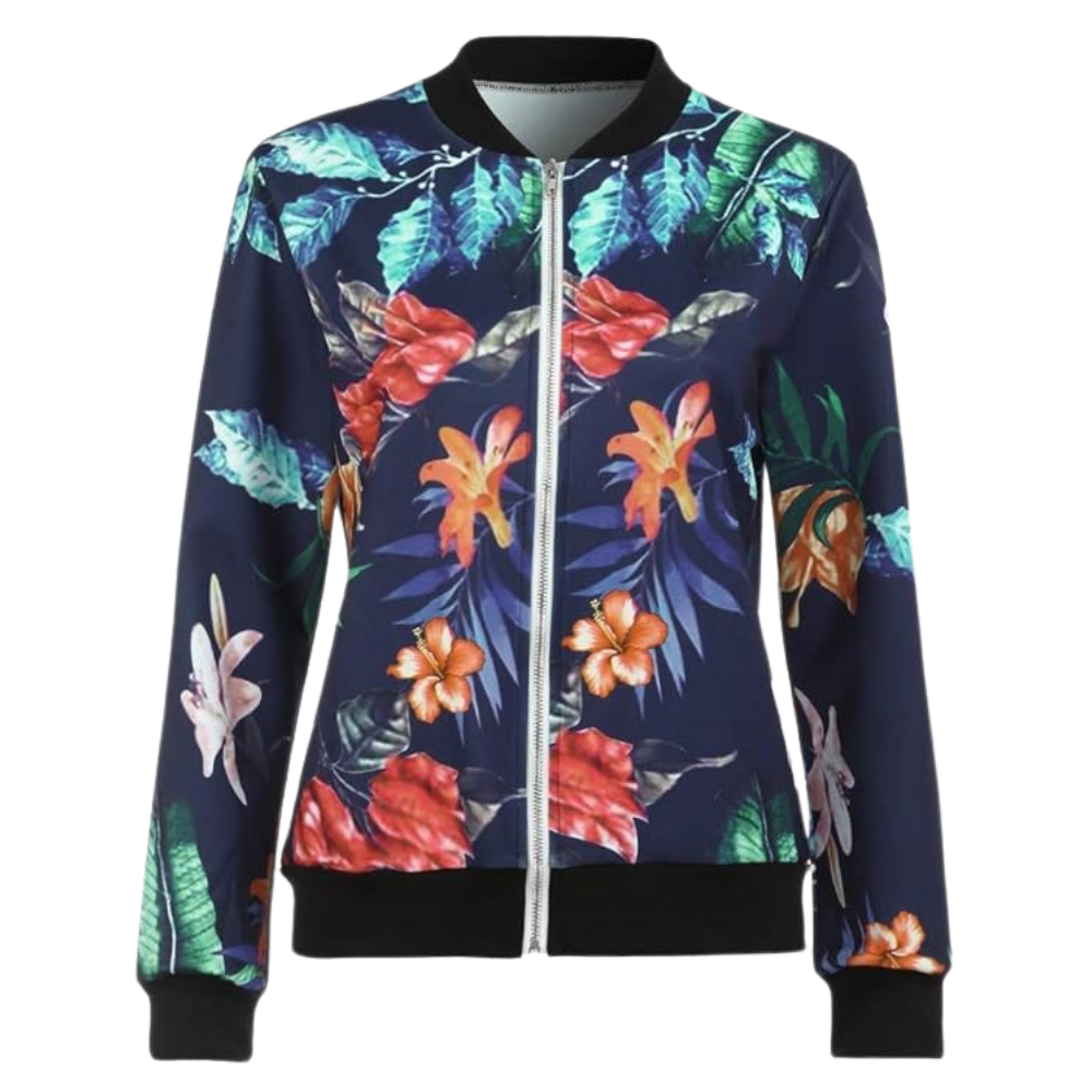 Long Sleeve Flower Bomber Jacket -Blue - Ozerty