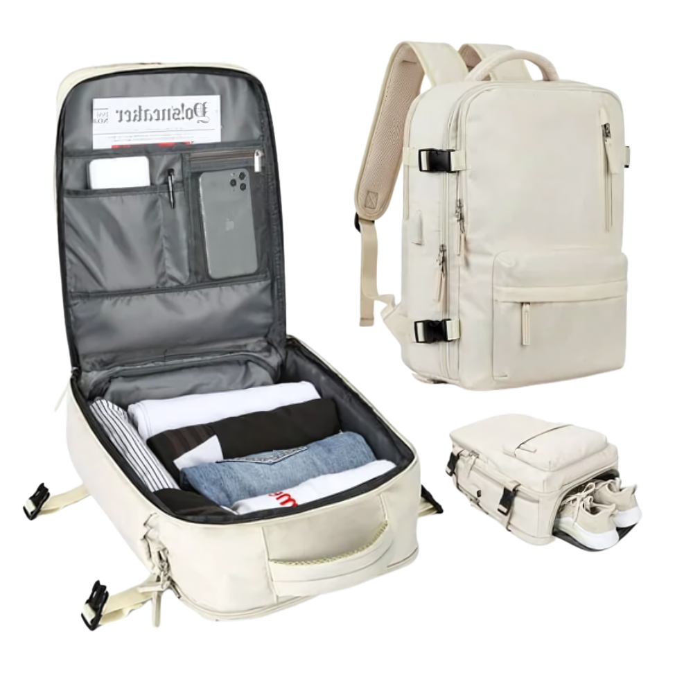 Waterproof USB Charging Travel Rucksack -Beige - Ozerty